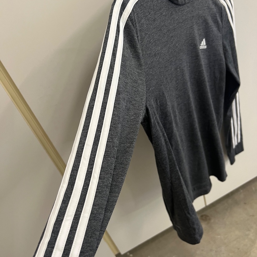Adidas- Women's Charcoal Gray/White (3) Stripe Long Sleeve Tee with Hoodie - Picture 7 of 11